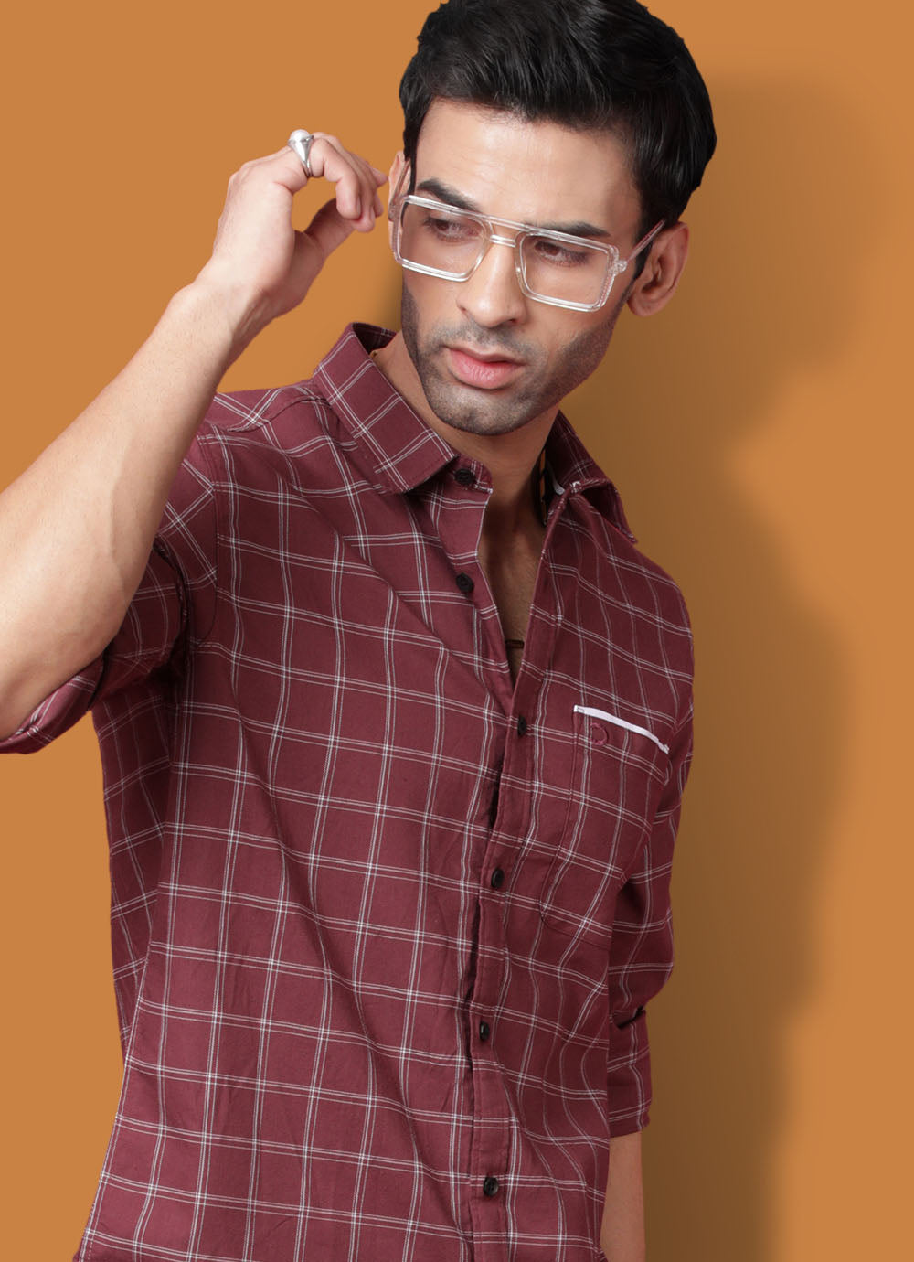 Checkered Cotton Slim Fit Maroon Shirt with Patch Pocket