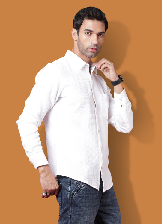 Checkered Cotton Slim Fit White Shirt with Patch Pocket