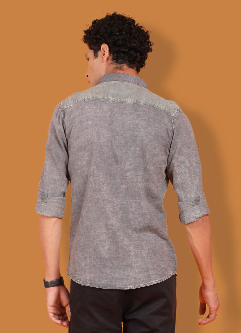 Grey Denim Slim Fit Solid Shirt With Patch Pocket