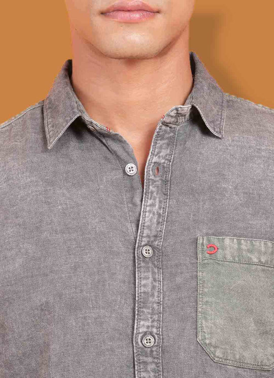Grey Denim Slim Fit Solid Shirt With Patch Pocket