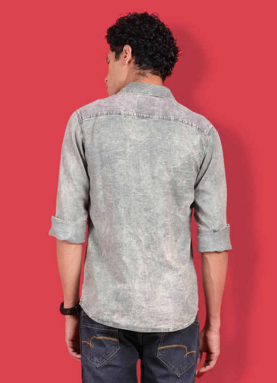 Olive Denim Slim Fit Solid Shirt With Patch Pocket