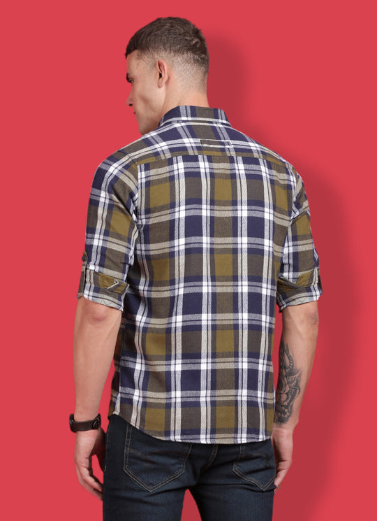 Olive Pure Cotton Checkered Slim Fit Shirt