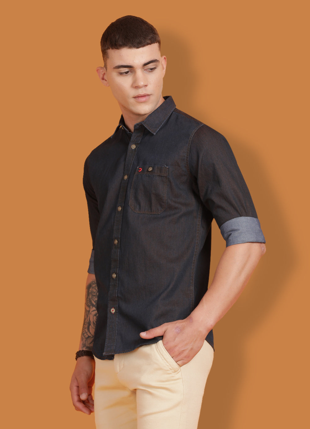 Brown Indigo Solid Slim Fit Shirt with Single Patch Pocket