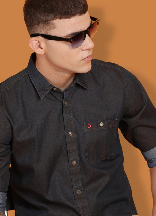 Brown Indigo Solid Slim Fit Shirt with Single Patch Pocket