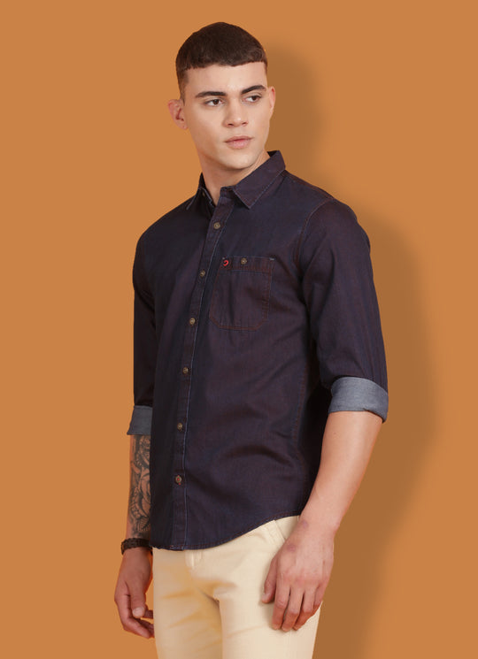 Maroon Indigo Solid Slim Fit Shirt with Single Patch Pocket