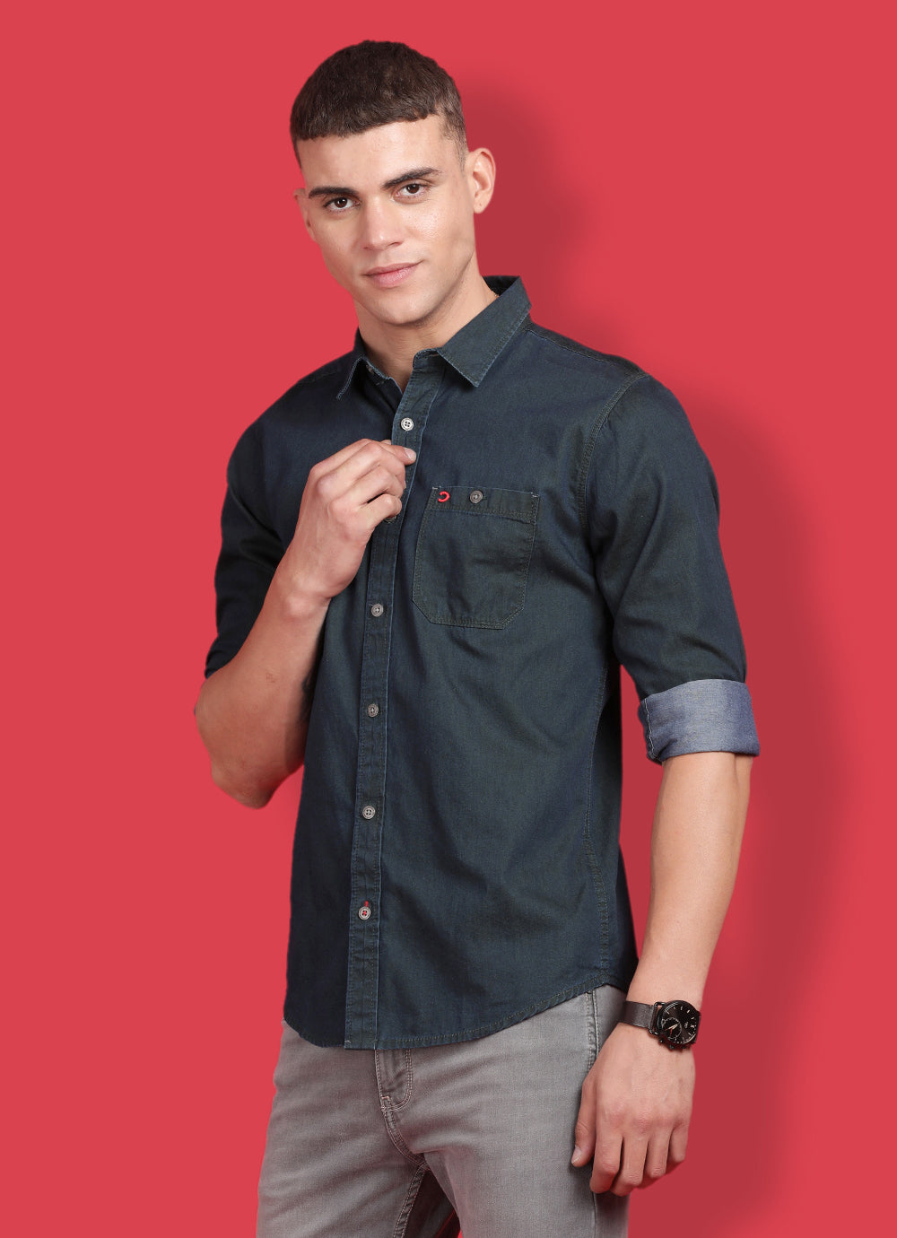 Olive Indigo Solid Slim Fit Shirt with Single Patch Pocket