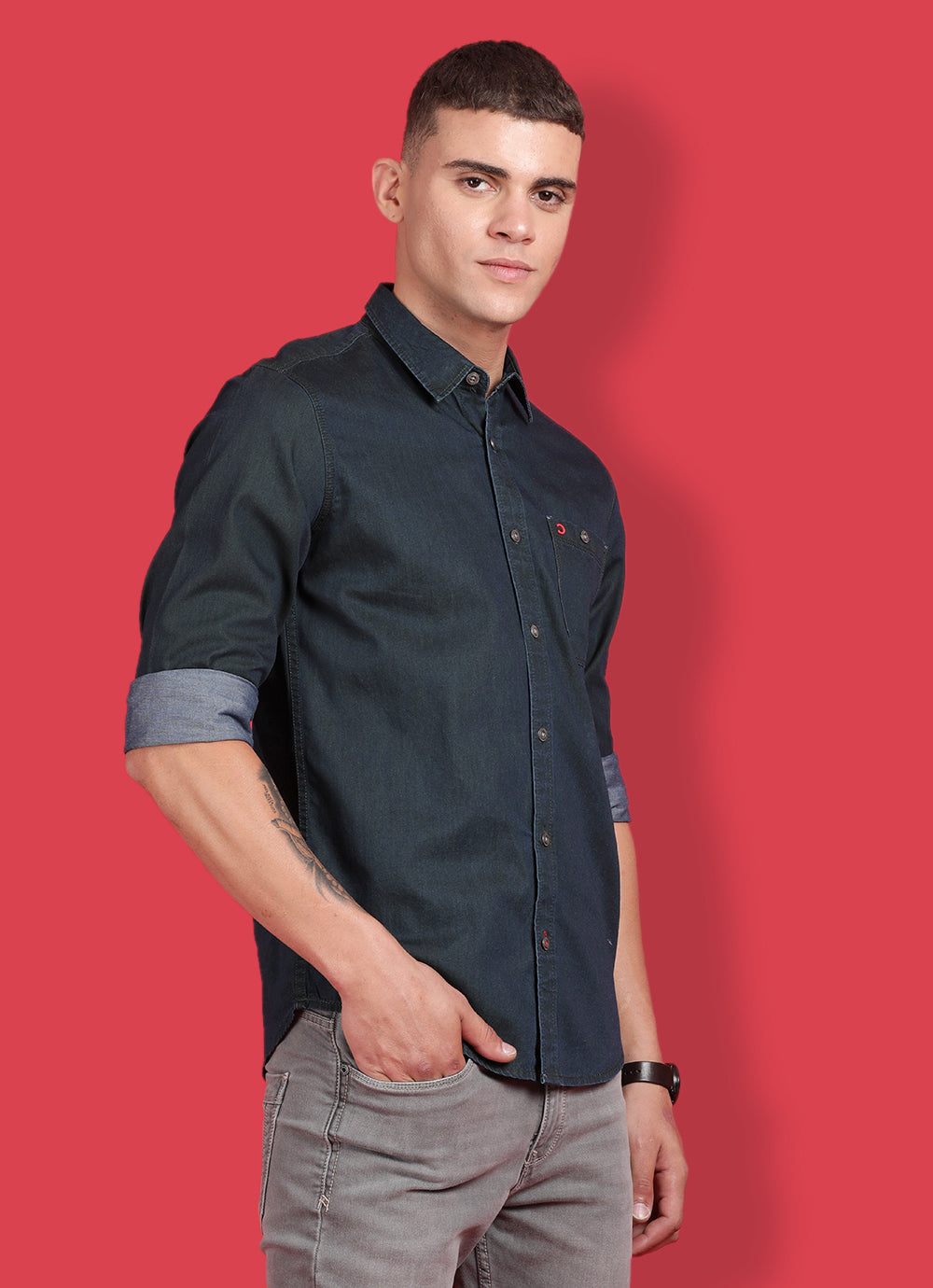 Olive Indigo Solid Slim Fit Shirt with Single Patch Pocket