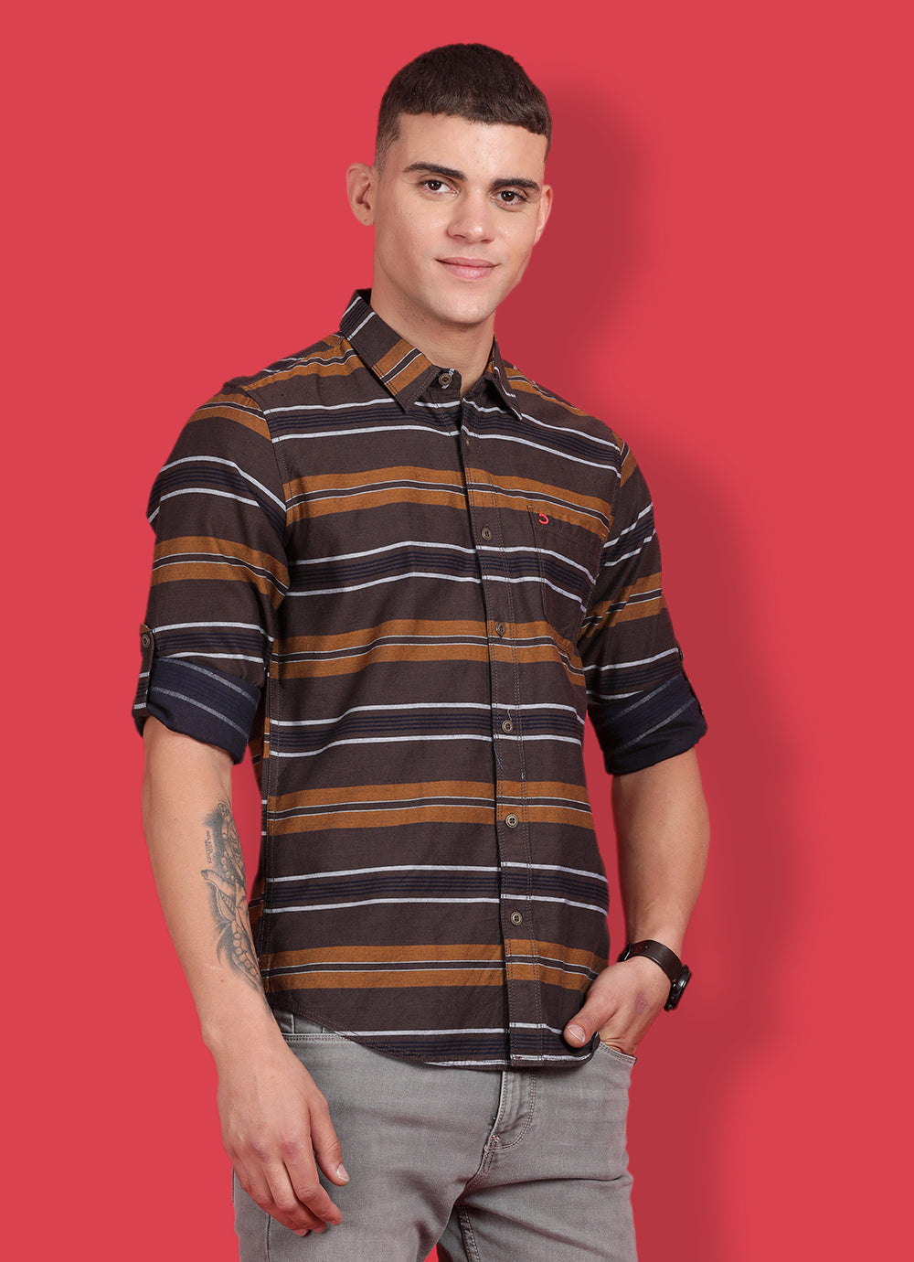 Brown Striped Slim Fit Indigo Shirt