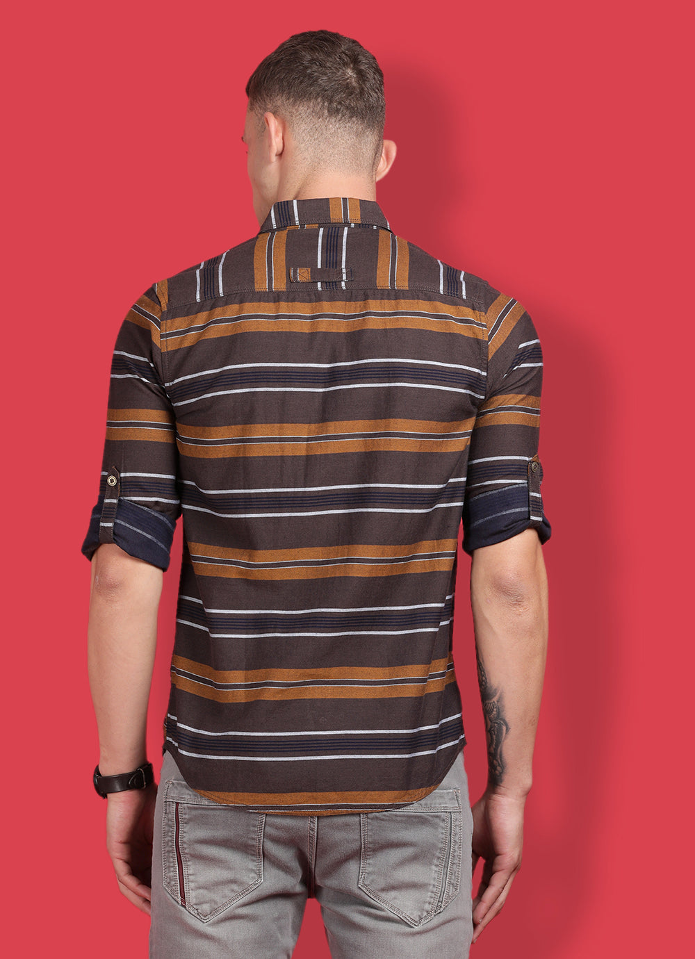 Brown Striped Slim Fit Indigo Shirt