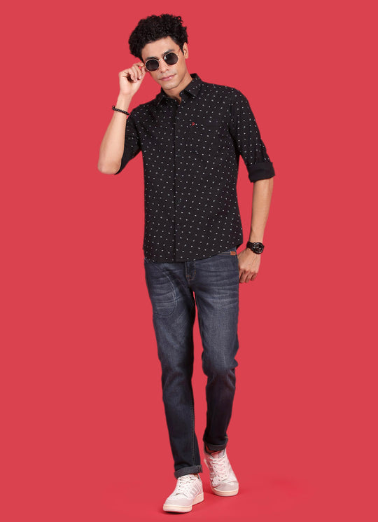 Black Cotton Slim Fit Printed Shirt With Patch Pocket