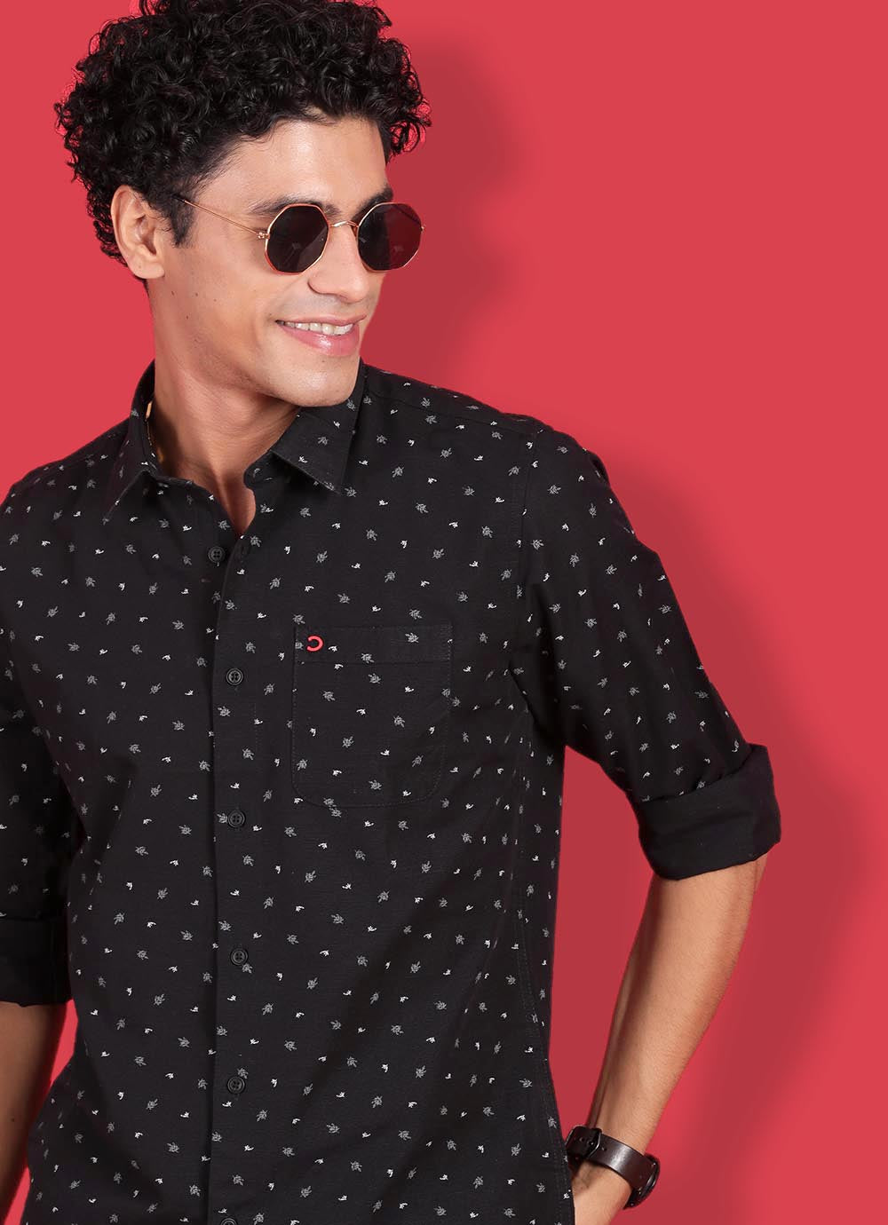 Black Cotton Slim Fit Printed Shirt With Patch Pocket