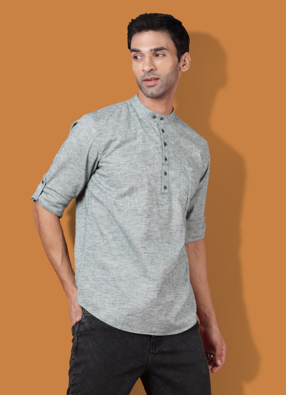 Cotton Slim Fit Olive Kurta Shirt with Patch Pocket