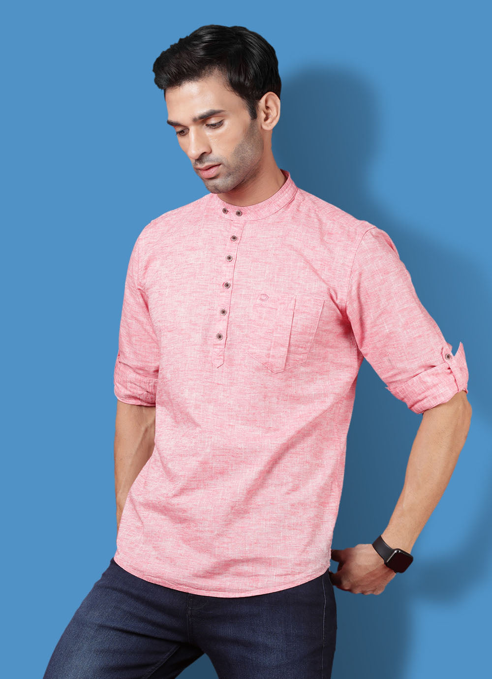 Cotton Slim Fit Pink Kurta Shirt with Patch Pocket