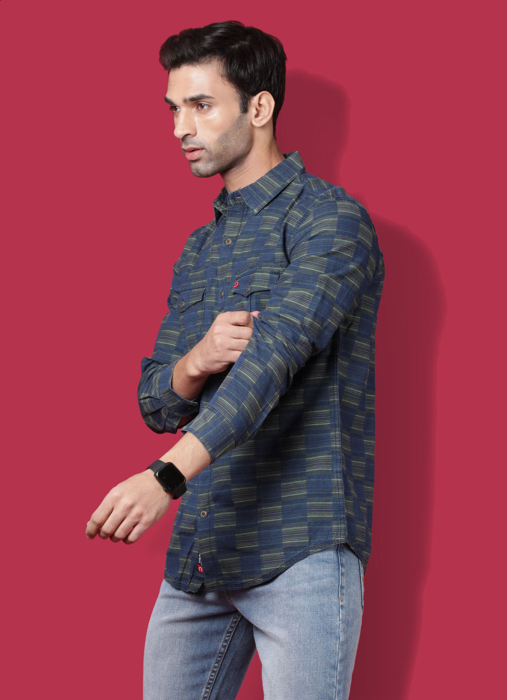 Checkered Denim Slim Fit Green Shirt with Double Pockets