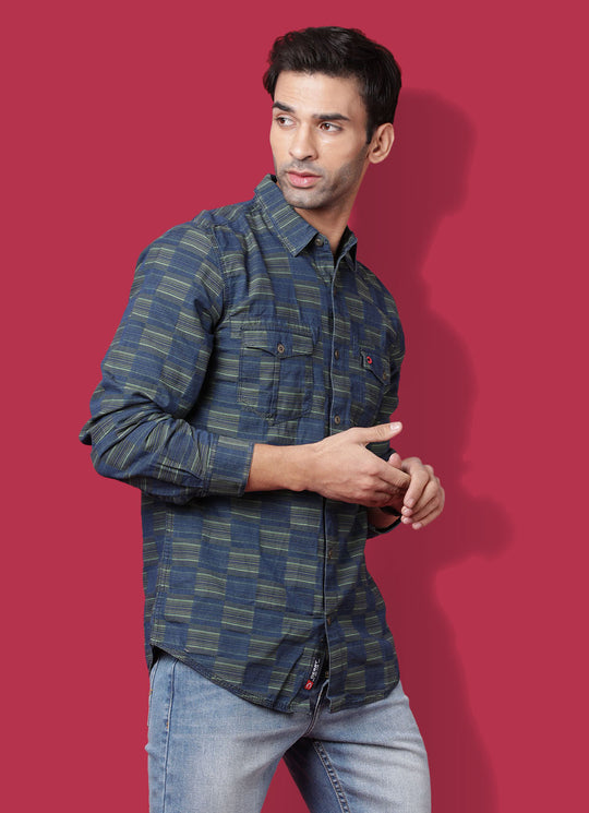 Checkered Denim Slim Fit Green Shirt with Double Pockets