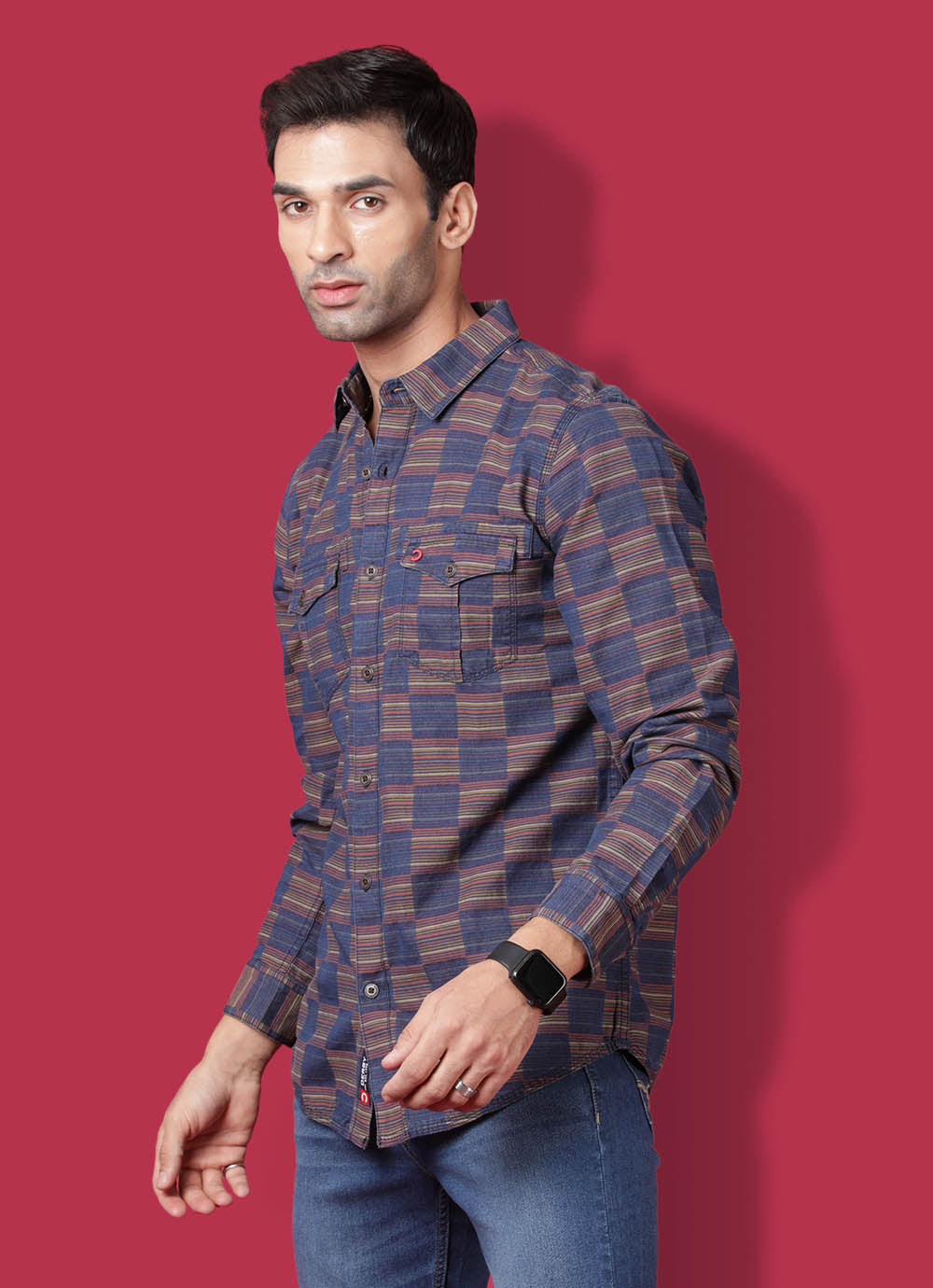 Checkered Denim Slim Fit Brown Shirt with Double Pockets