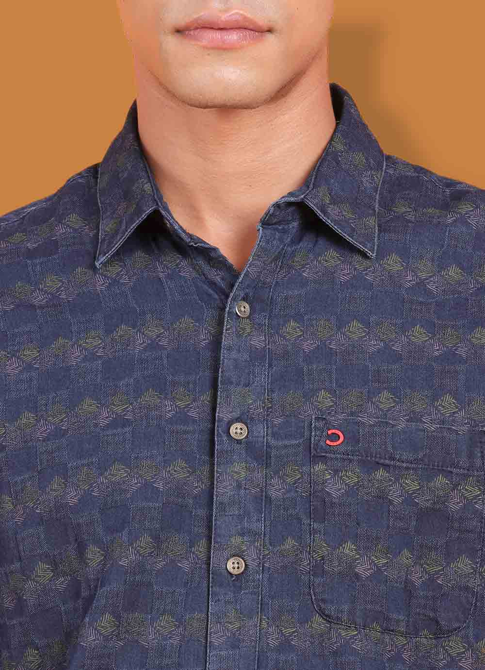 Blue Denim Slim Fit Printed Shirt With Patch Pocket