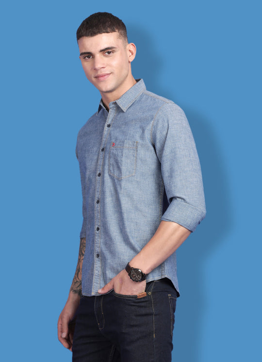 Plain Blue Slim Fit Shirt with Double Pocket and Flap