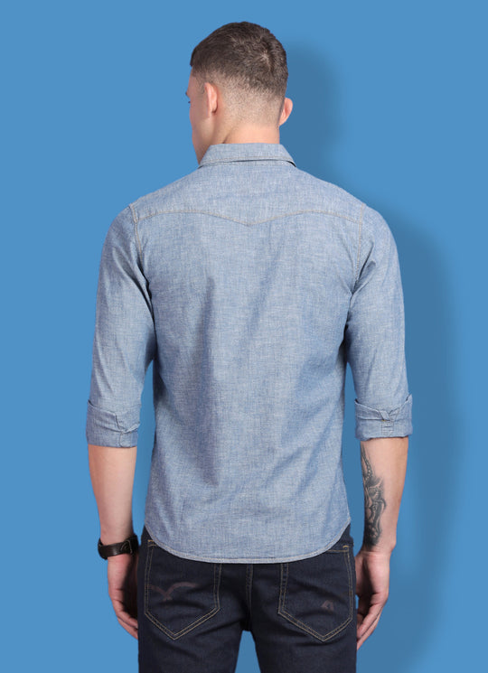 Plain Blue Slim Fit Shirt with Double Pocket and Flap