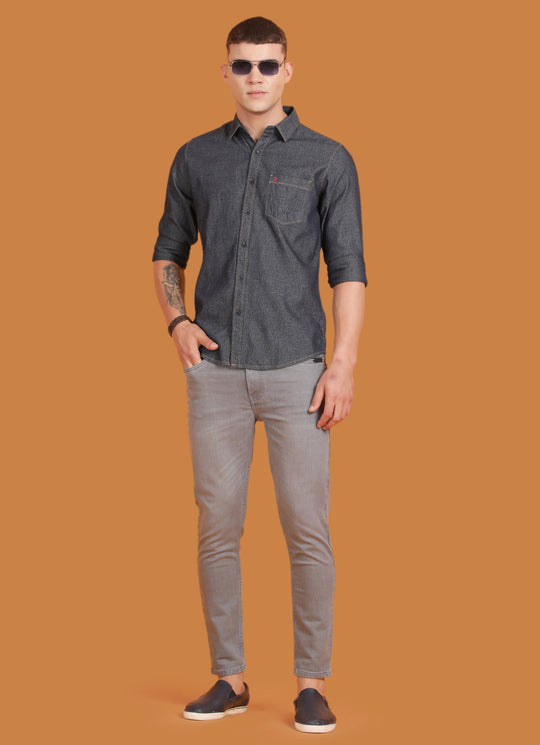 Blue Indigo Solid Slim Fit Shirt with Double Pocket with Flap