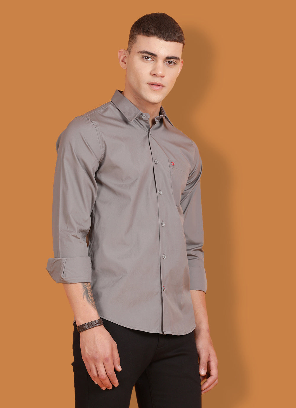 Grey Pure Cotton Solid Slim Fit Shirt with Single Patch Pocket