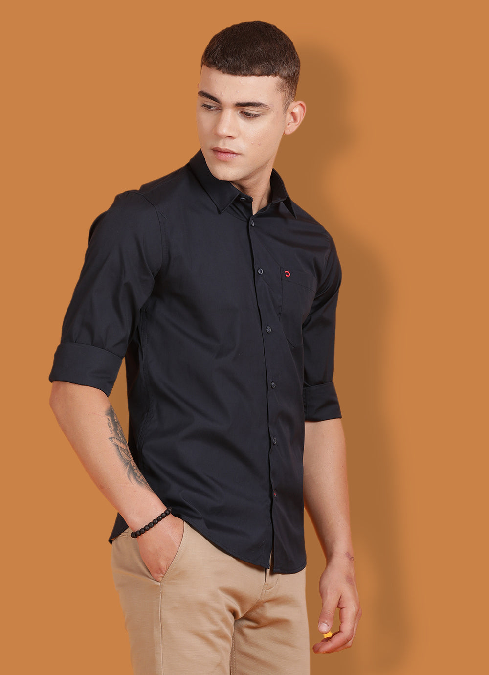 Dark Navy Pure Cotton Solid Slim Fit Shirt with Single Patch Pocket