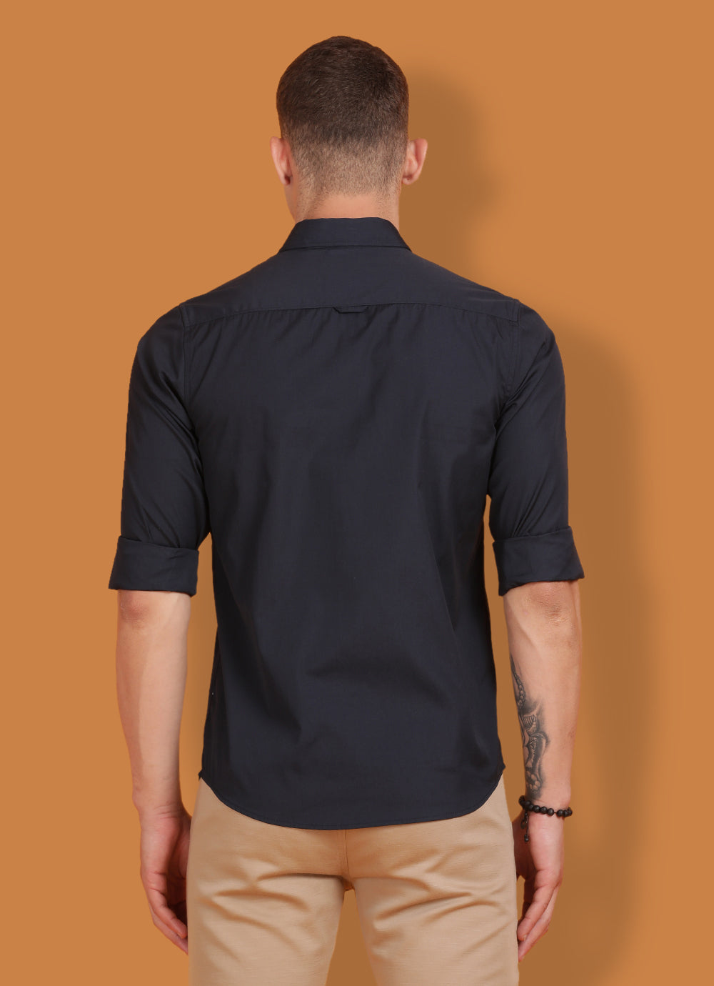 Dark Navy Pure Cotton Solid Slim Fit Shirt with Single Patch Pocket
