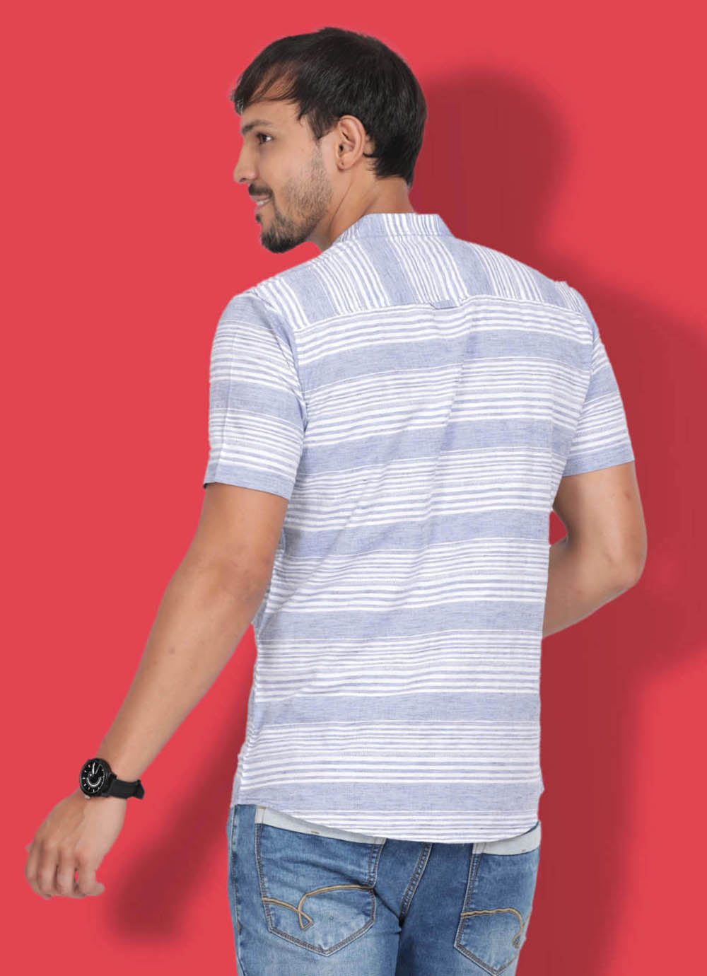 Striped Cotton Linen Slim Fit Blue Shirt