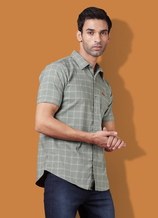Checkered Cotton Slim Fit Powder Green Shirt with Patch Pocket