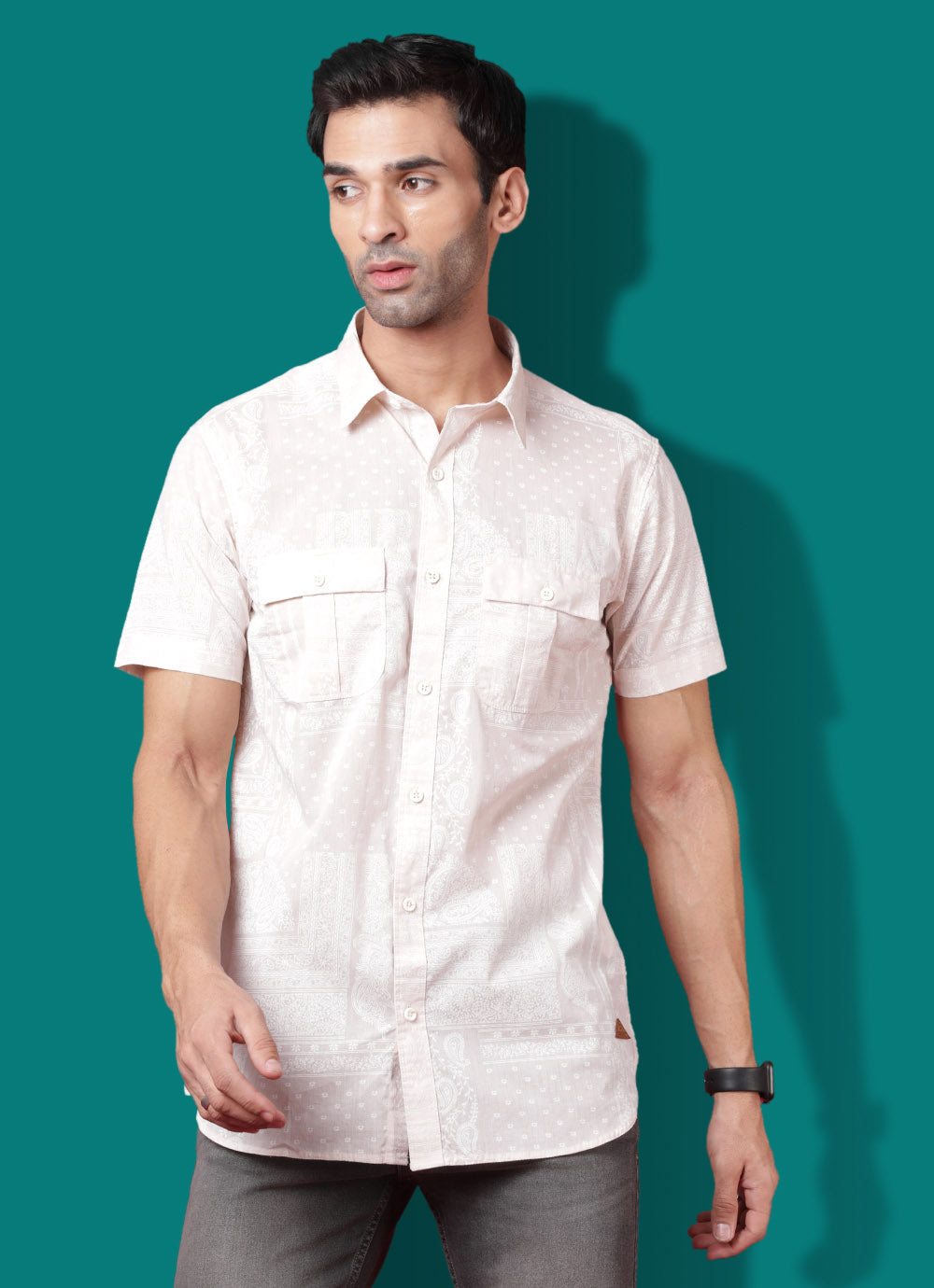 Asymmetrical Printed Cotton Blend Slim Fit Beige Shirt with Double Pockets