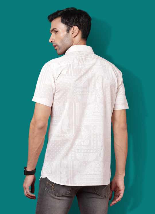 Asymmetrical Printed Cotton Blend Slim Fit Beige Shirt with Double Pockets