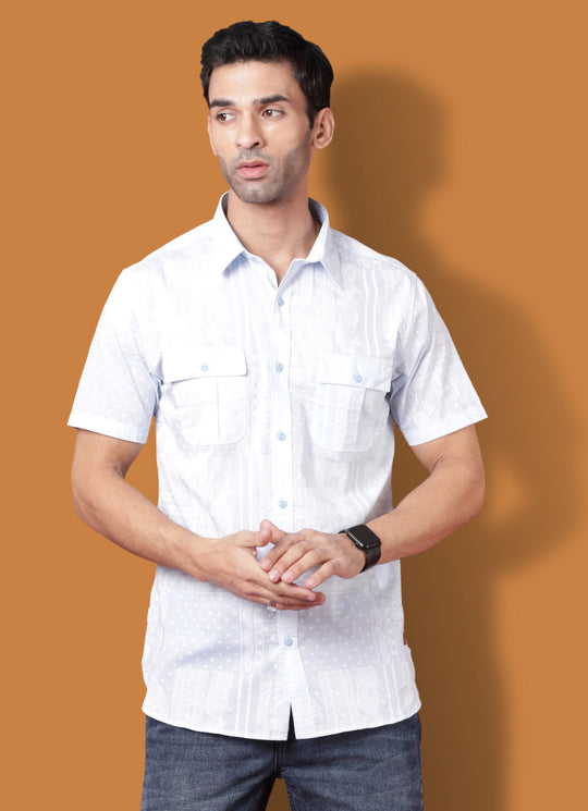 Light Blue Asymmetrical Printed Cotton Blend Slim Fit  Shirt with Double Pockets