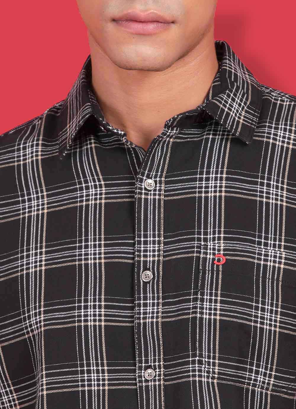 Black Denim Slim Fit Checkered Shirt With Patch Pocket