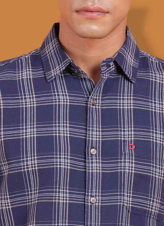 Navy Denim Slim Fit Checkered Shirt With Patch Pocket
