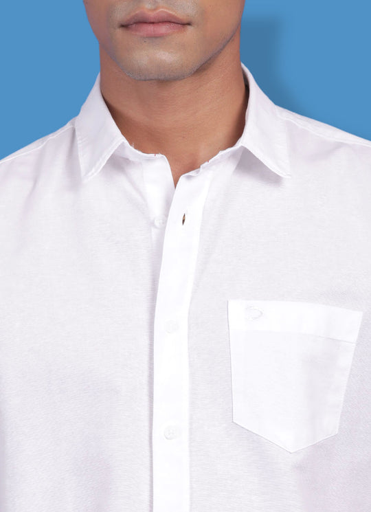 White Cotton Linen Slim Fit Solid Shirt With Patch Pocket