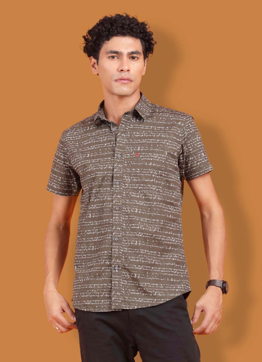 Olive Word Printed Cotton Slim Fit Shirt With Patch Pocket