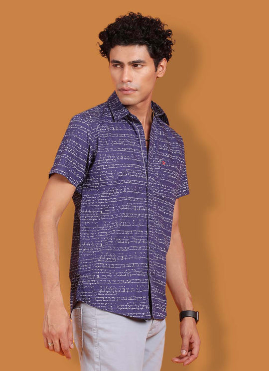 Purple Word Printed Cotton Slim Shirt With Patch Pocket
