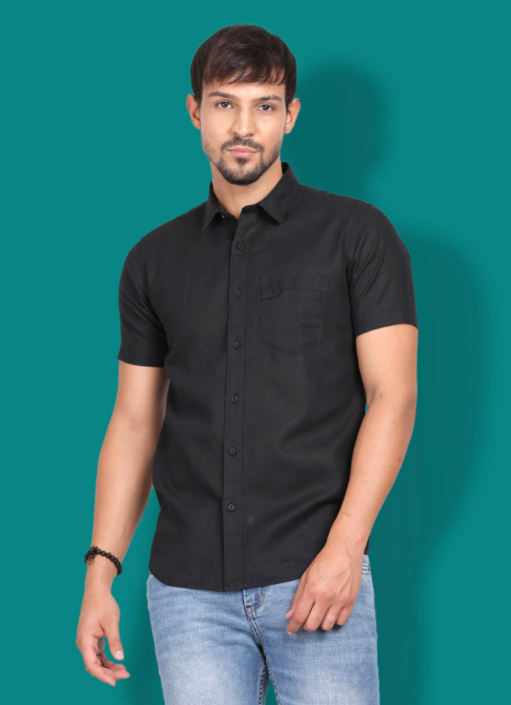 Solid Cotton Linen Slim Fit Black Shirt