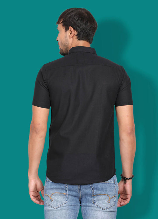 Solid Cotton Linen Slim Fit Black Shirt