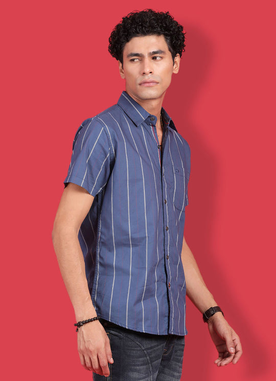 Navy Cotton Slim Fit Striped Shirt With Patch Pocket