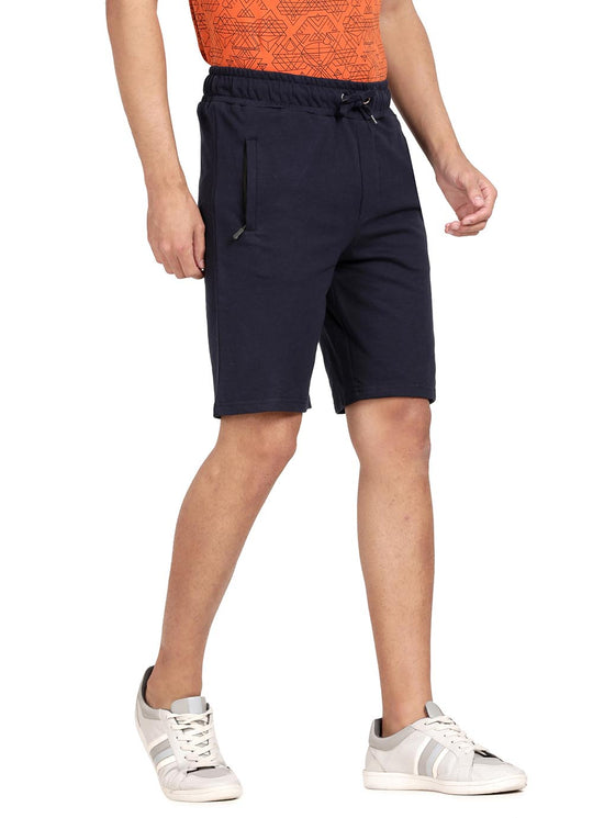 Derby Navy Solid Cotton Slim Fit Shorts