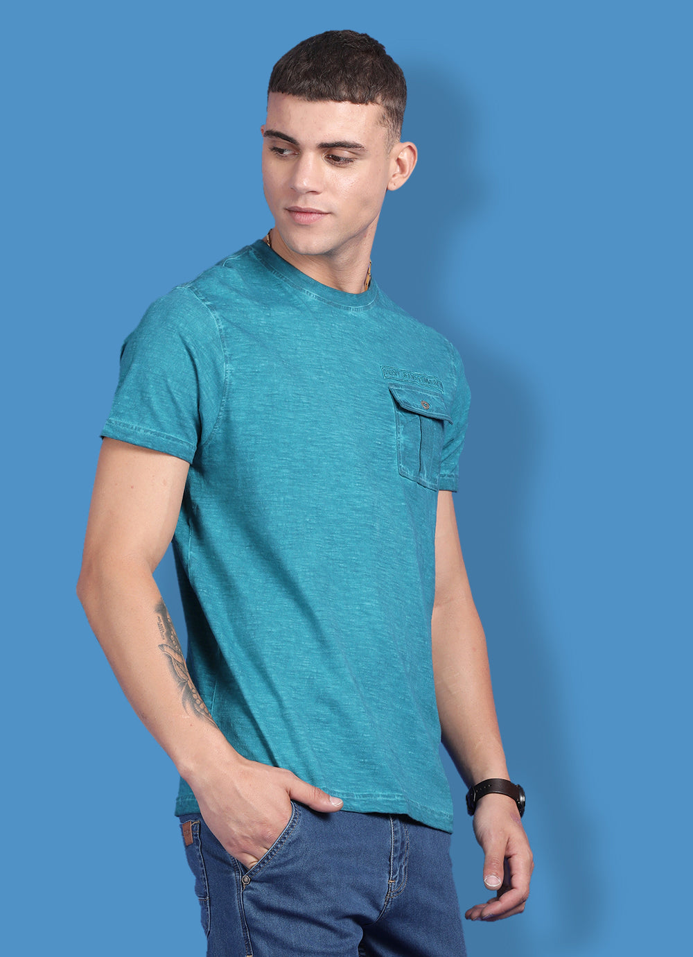 Turquoise Cotton  Round Neck Tshirt
