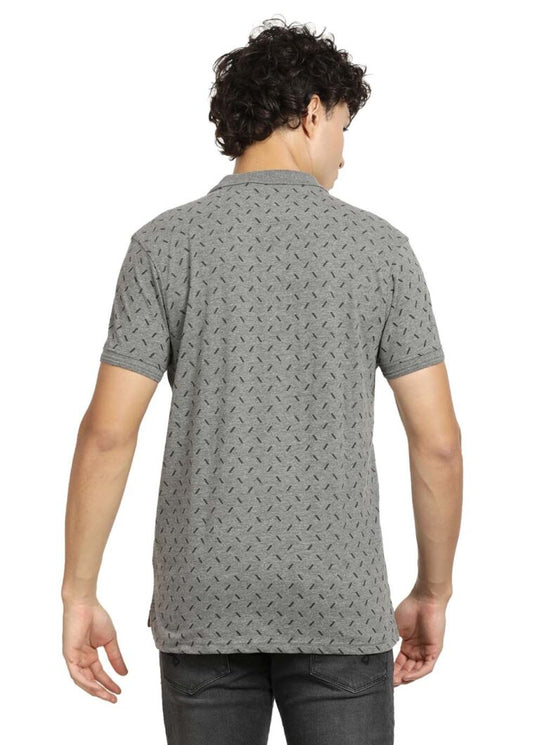 Derby Grey Printed Cotton Slim Fit Polo Tshirt